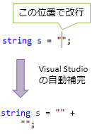 Visual Studio の自動補完で複数行文字列を書く例
