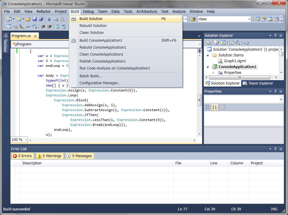 Visual Studio でのプログラムの作成（画像は 2010 β2 のもの）
